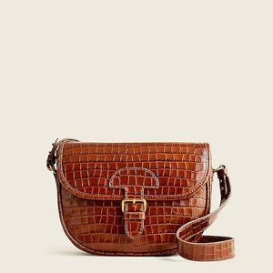 J.Crew $228 Classic Large Saddle Bag in Croc-embossed Leather, HAZELNUT, New